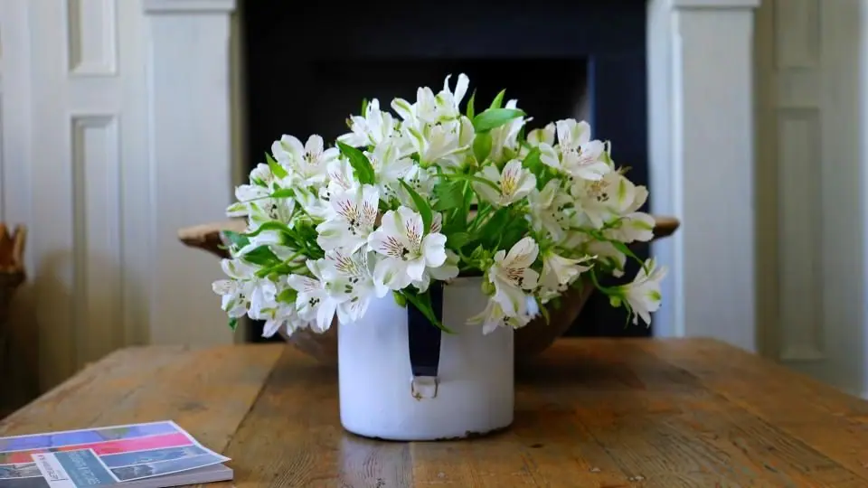 White flowers in an enamel jug on a wooden table